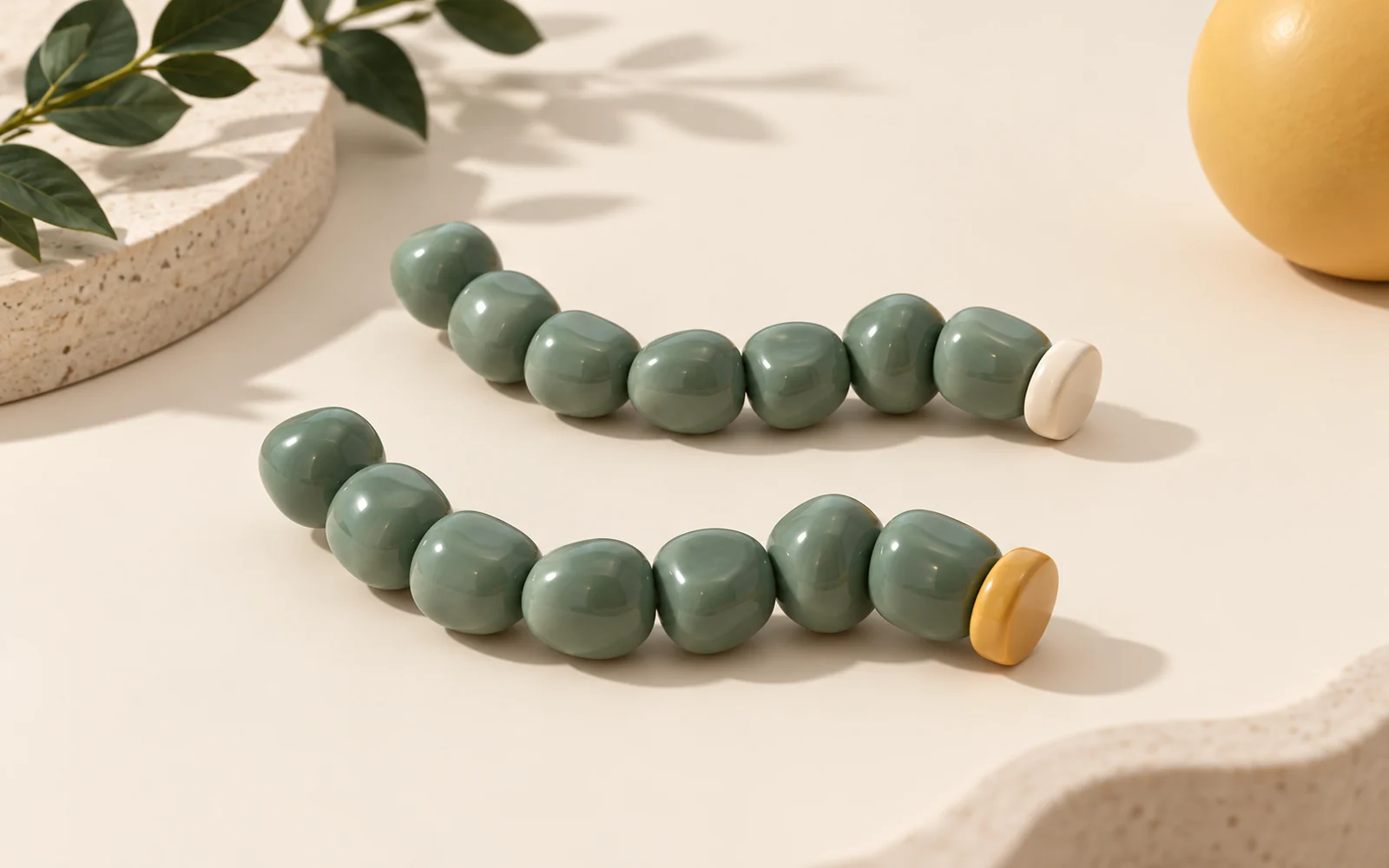 Deux chaînes courbes de perles jade terminées par un disque ivoire ou ambré sur une surface crème.