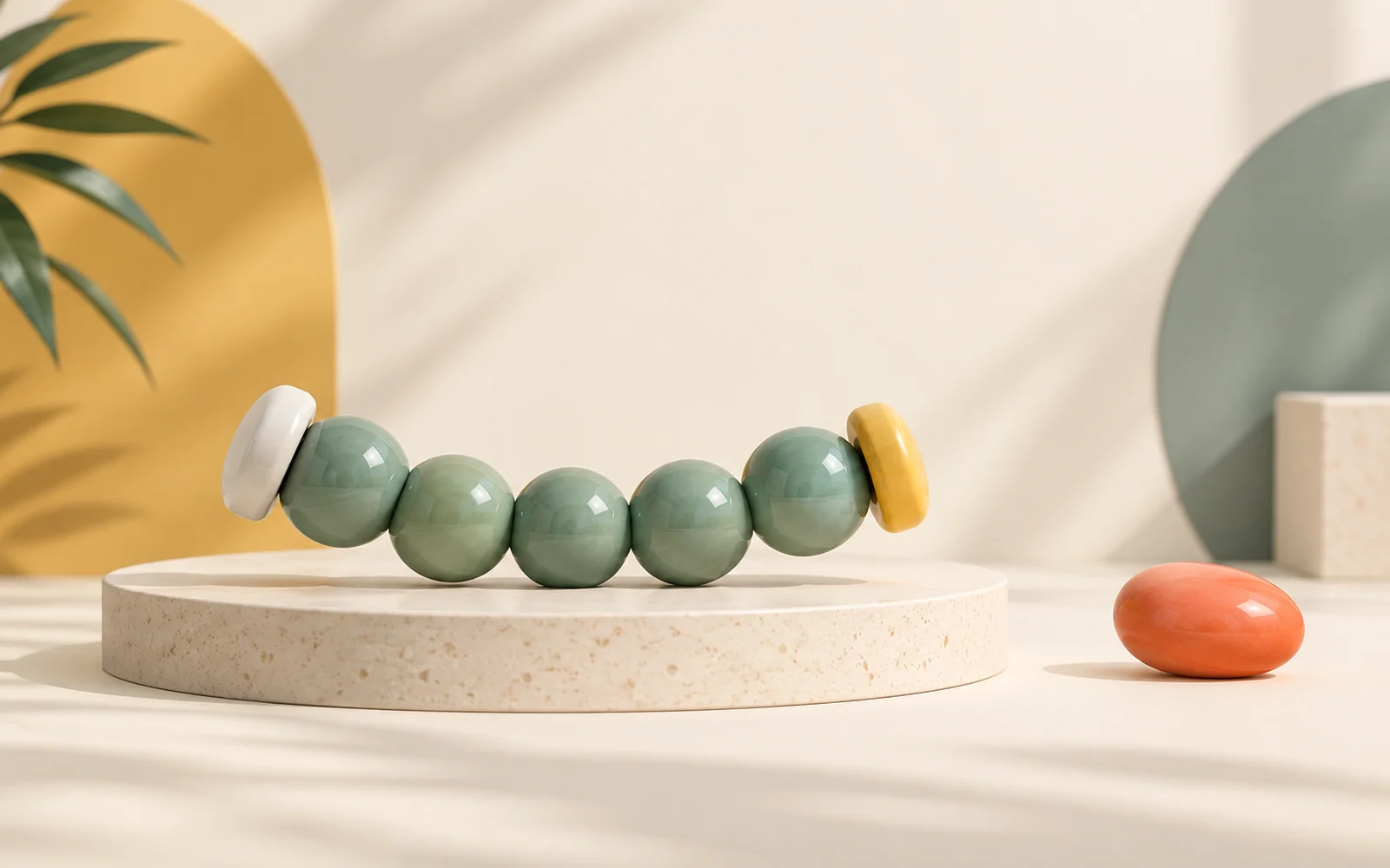Chaîne courbe de perles jade avec un disque ivoire à gauche et un disque ambré à droite.
