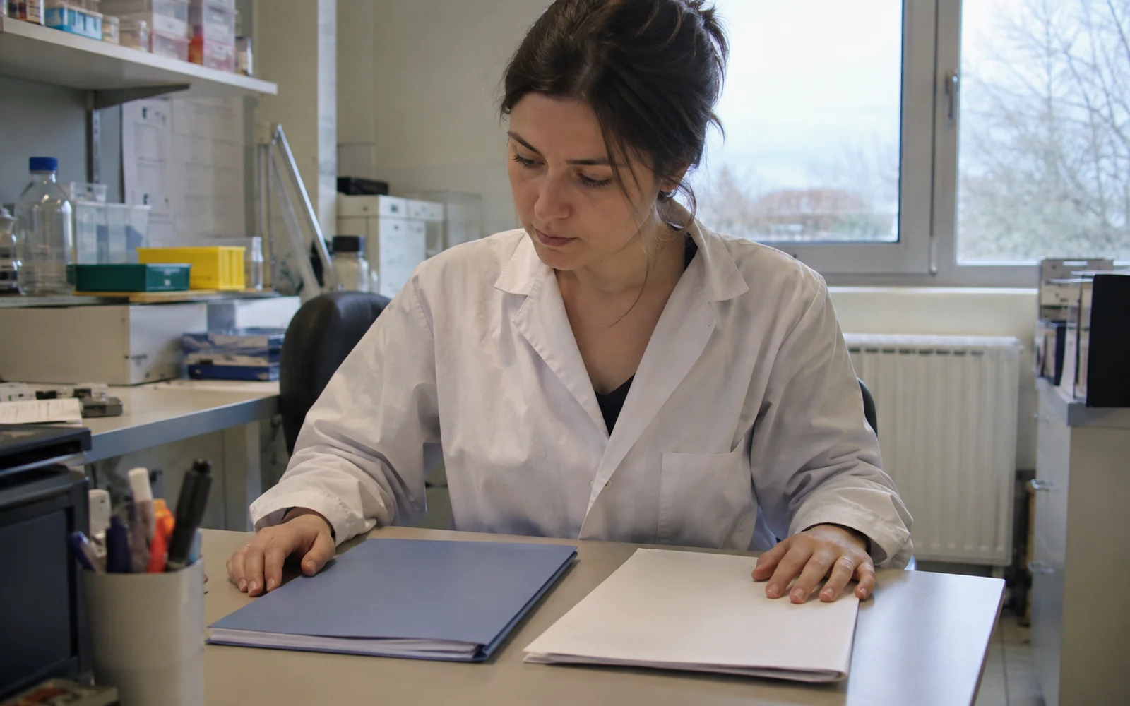 Femme brune en blouse blanche assise devant deux dossiers bleu et blanc dans un bureau de laboratoire.