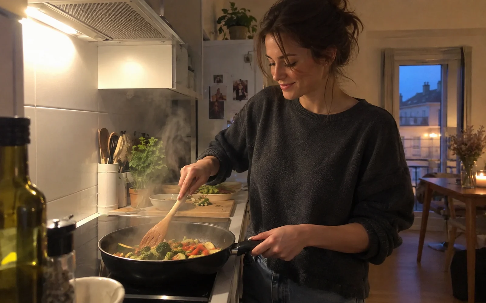 Jeune femme souriante cuisinant des légumes à la poêle dans une petite cuisine.