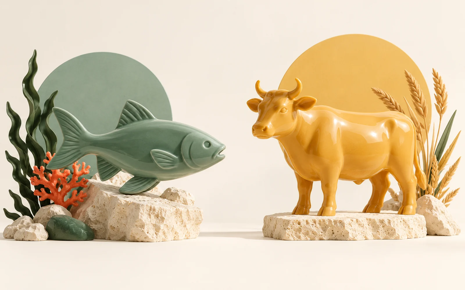 Deux sculptures distinctes, un poisson jade et un bovin ambre, sur un fond crème.