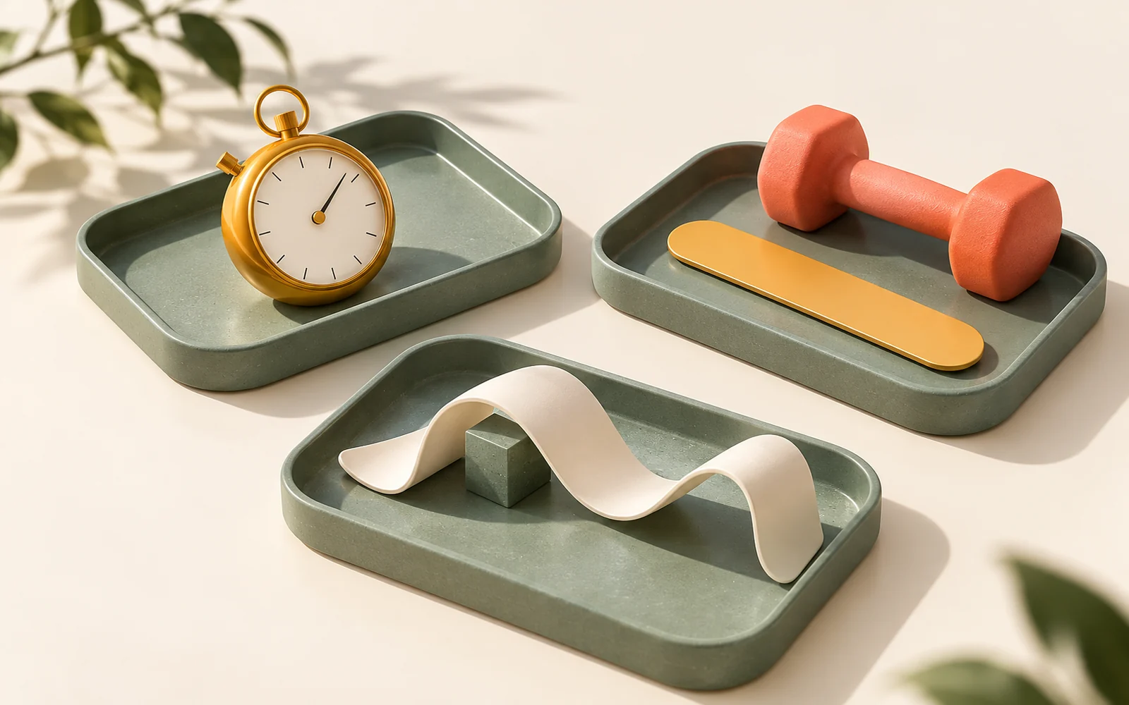 Trois plateaux verts avec un chronomètre, un haltère et un ruban soutenu par de petits blocs