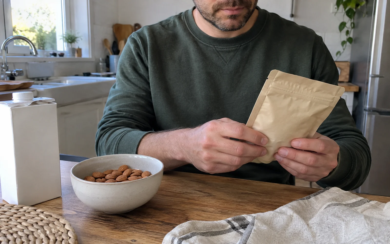 Homme en sweat vert tenant un sachet uni devant un bol d’amandes et une brique blanche
