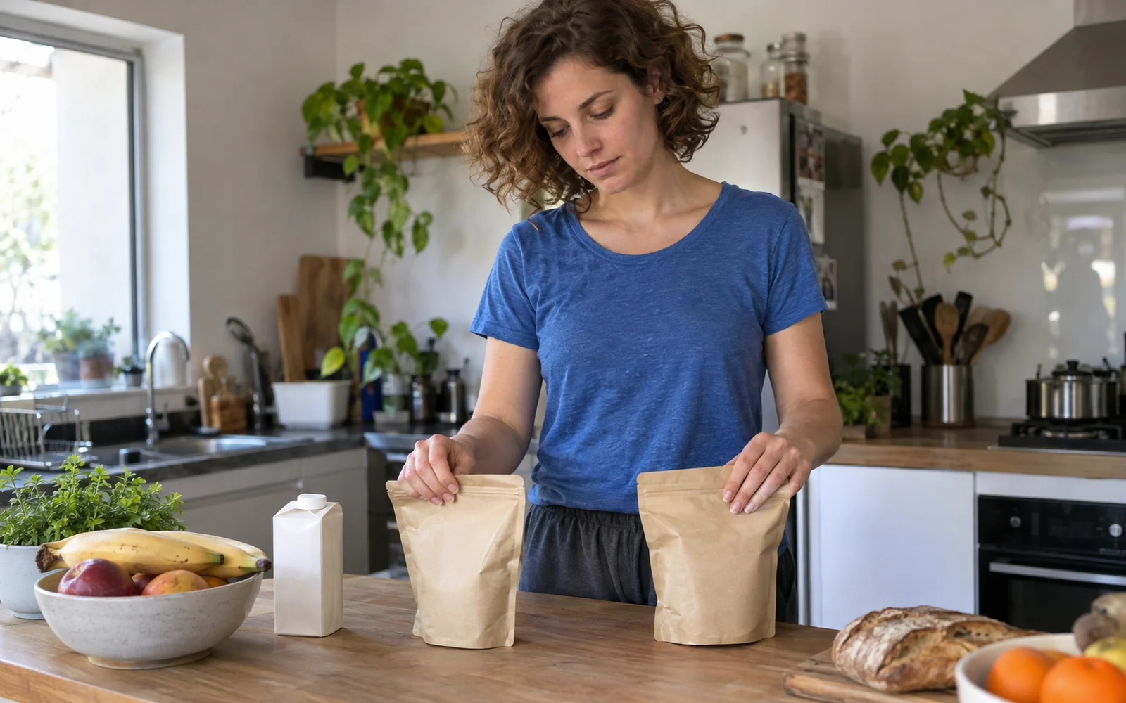 Femme en tee-shirt bleu devant deux sachets alimentaires unis sur une table de cuisine