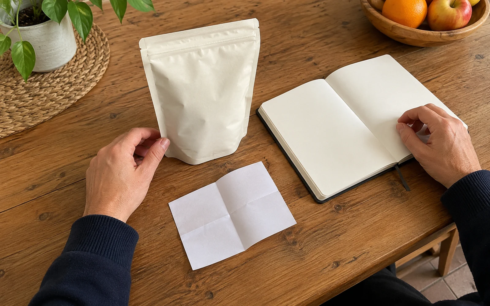 Deux mains en manches bleues près d’un sachet neutre et d’un carnet ouvert sur une table en bois.