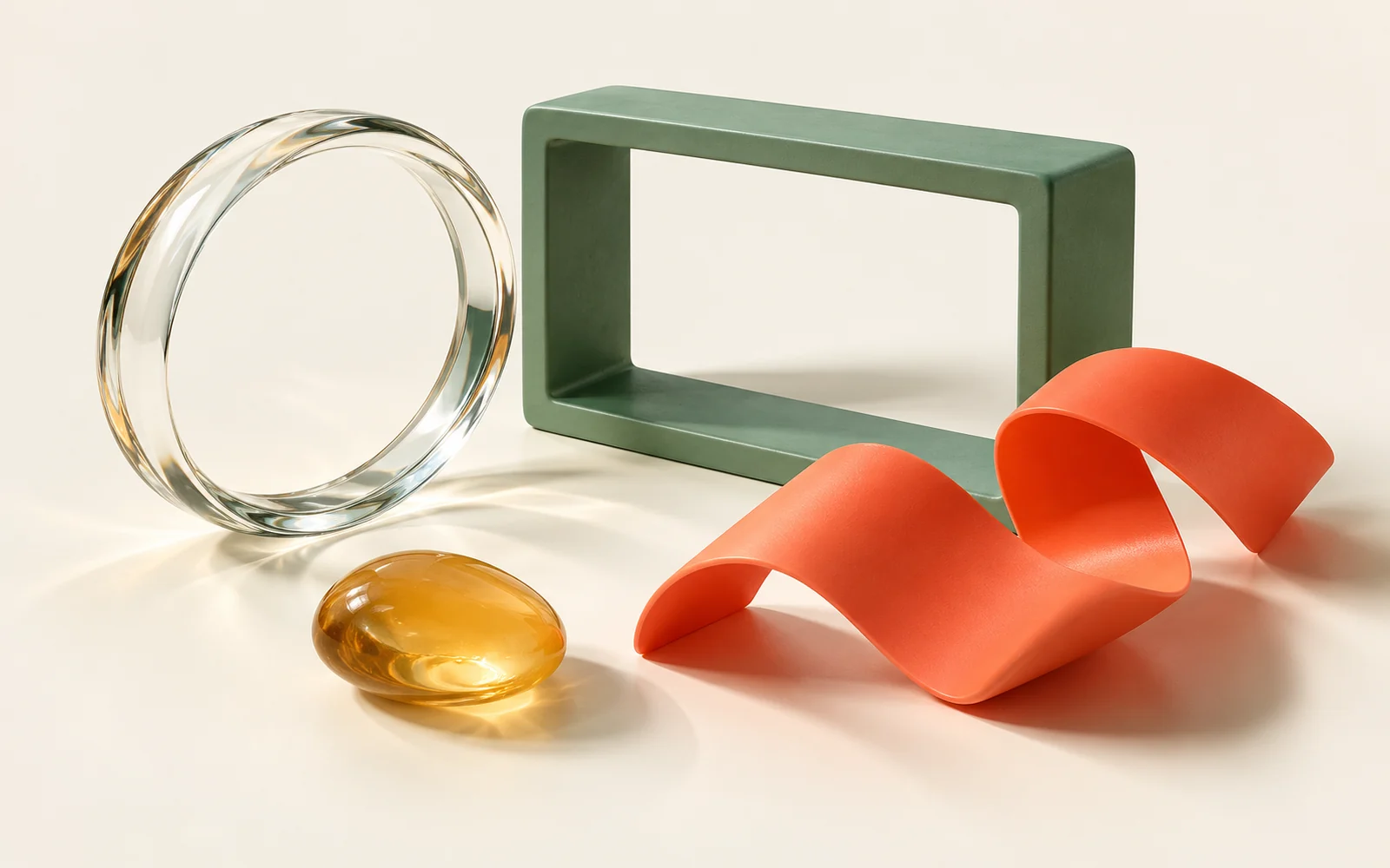 Cadres sculpturaux séparés en verre et en jade avec des objets ambre et corail sur une table claire.
