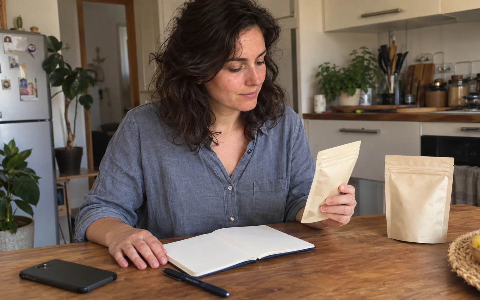 Une femme consulte un sachet neutre et un carnet sur une table, scène illustrative sans étiquette commerciale.