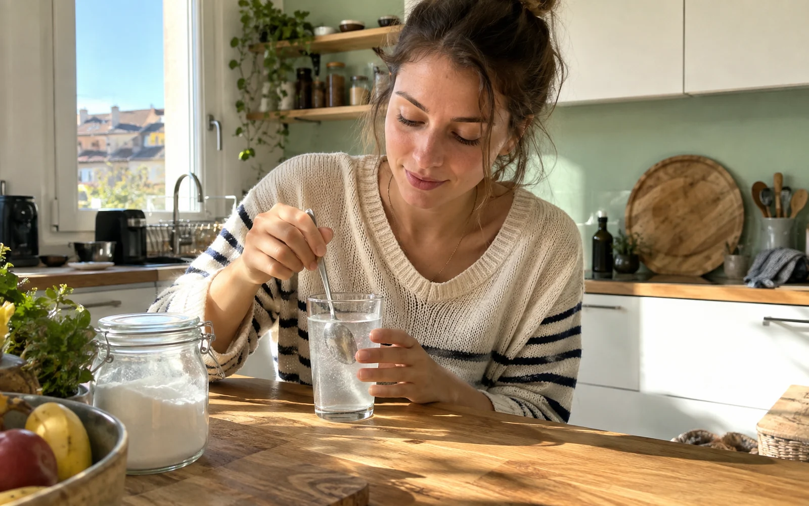 Jeune femme mélangeant une poudre blanche dans un verre d’eau dans une cuisine ensoleillée.