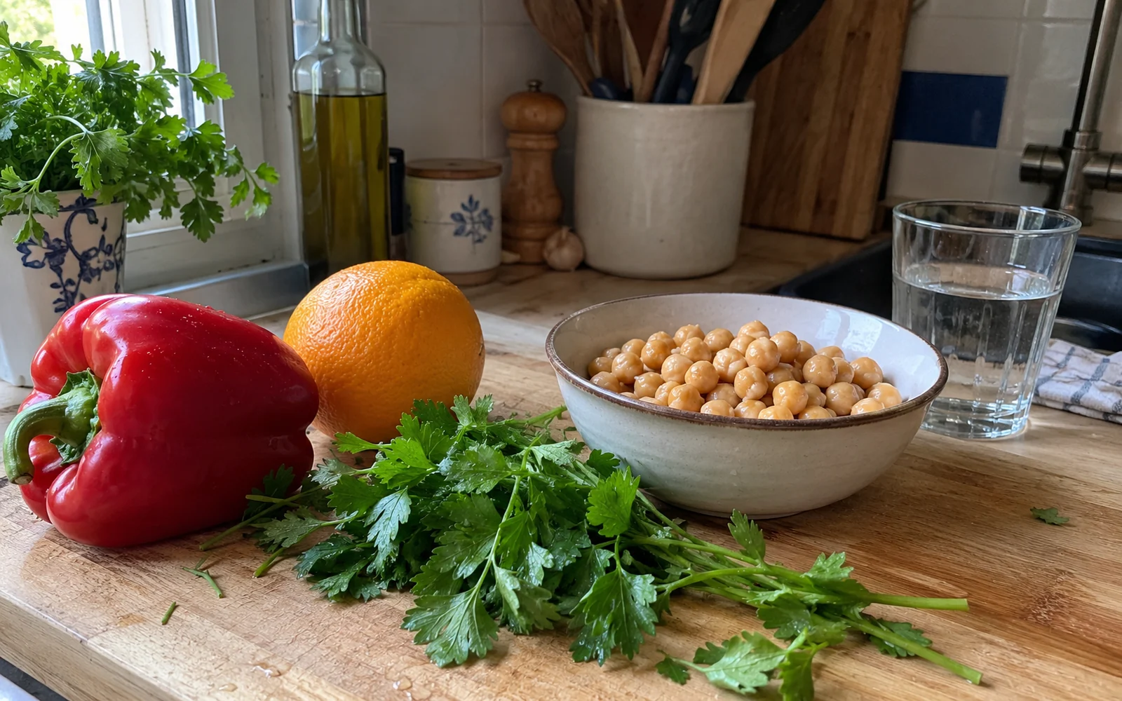 Poivron rouge, orange, persil et pois chiches sur une table de cuisine.