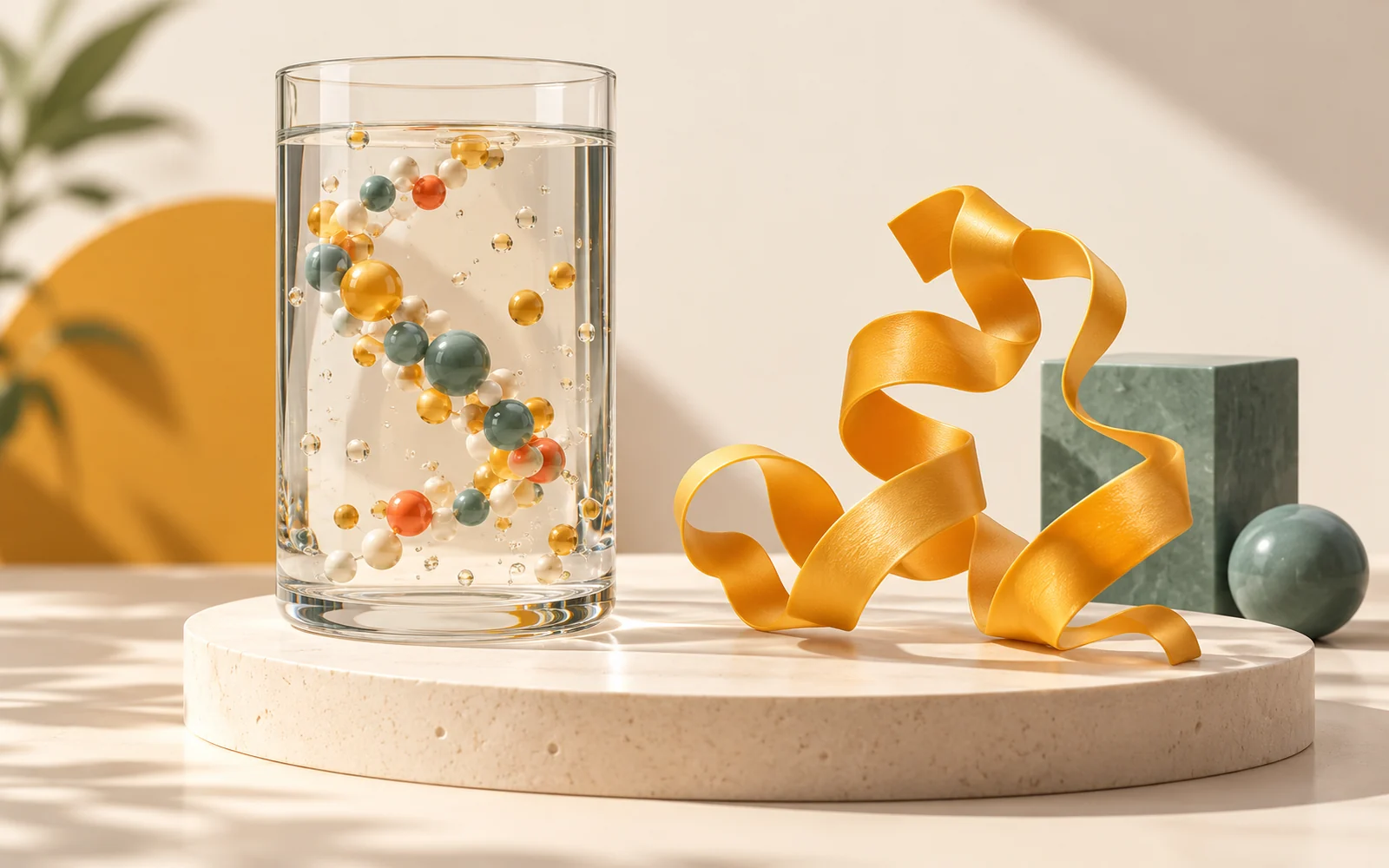 Une cuve transparente et un ruban ambré distincts, illustration conceptuelle de bioproduction.
