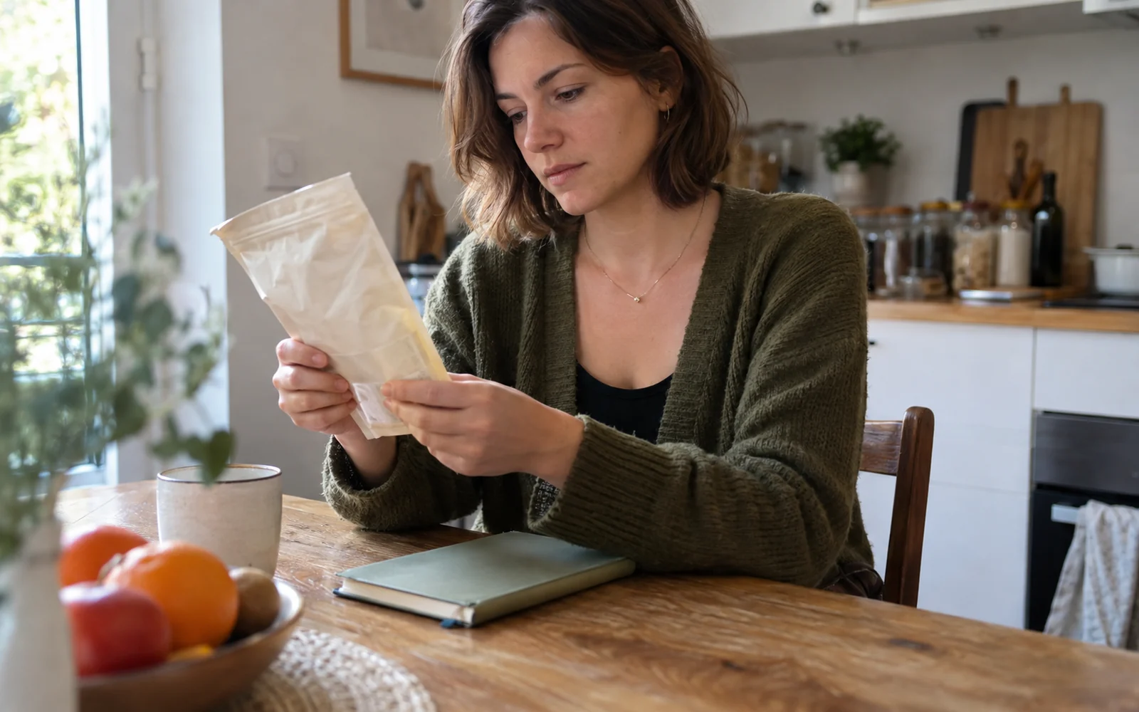 Une femme assise à une table lit un sachet sans marque à côté d’un carnet fermé.