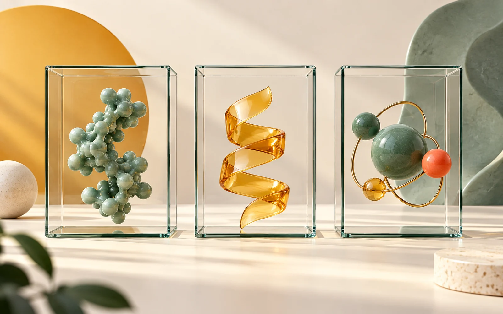 Trois cadres de verre contiennent des objets conceptuels différents à la même échelle.