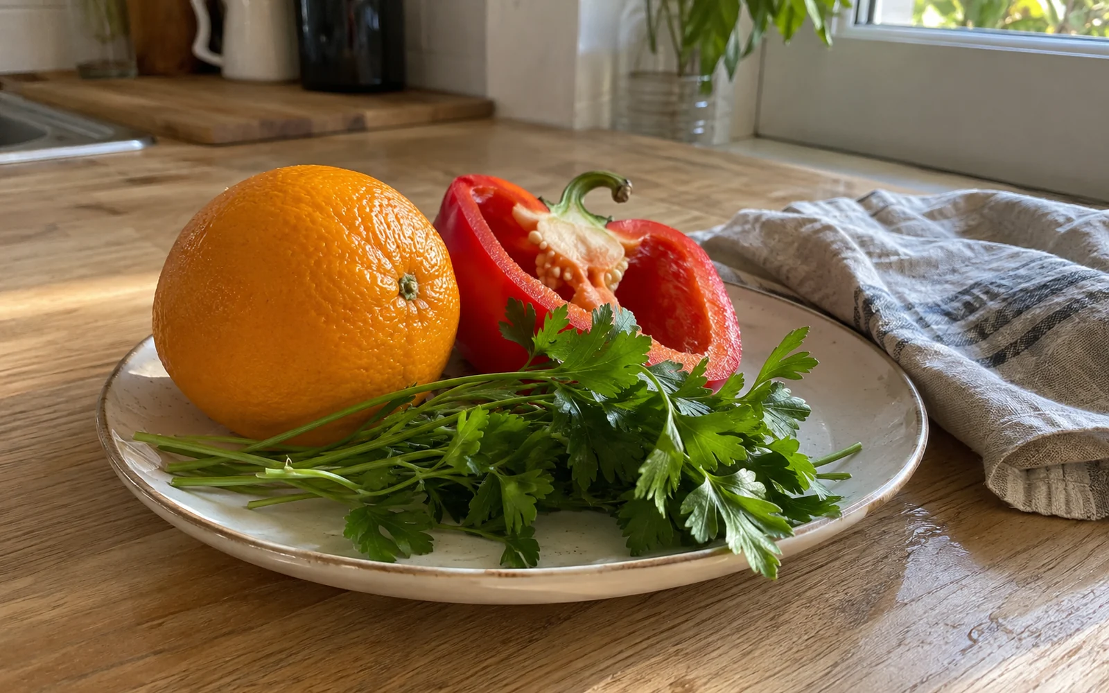 Une orange, un poivron ouvert et du persil sur une assiette.