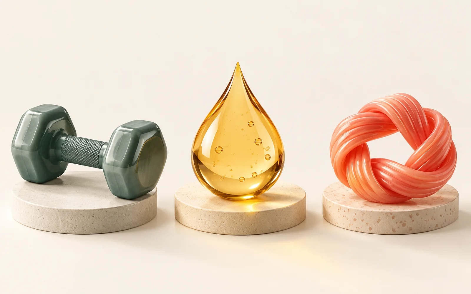 Haltère jade, goutte ambre et boucle tressée corail séparés sur un fond crème