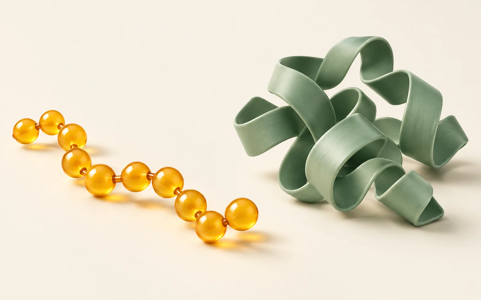Chaîne de perles ambre et ruban jade plié, représentation conceptuelle des chaînes et structures protéiques