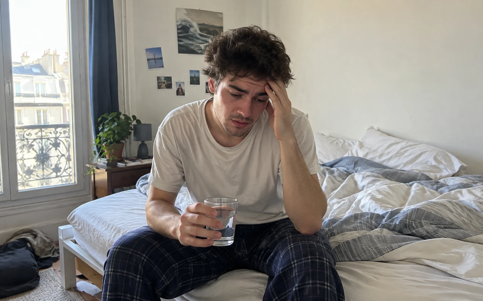 Jeune homme fatigué assis au bord de son lit le matin, un verre d’eau à la main.