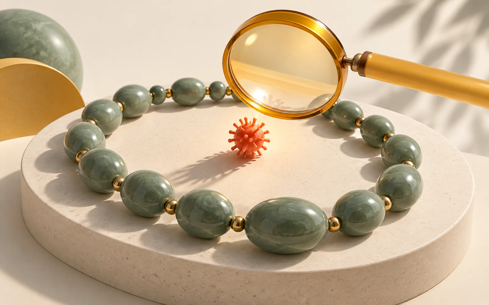 Chaîne de perles vert jade entourant un petit objet corail observé sous une loupe ambrée, en illustration 3D.