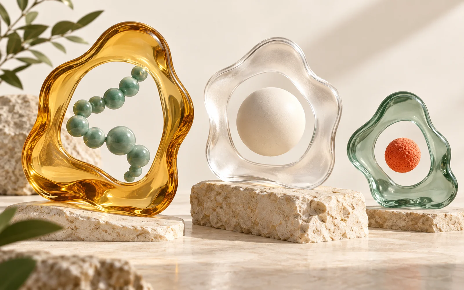 Trois formes de verre encadrant une chaîne verte, une sphère claire et une sphère corail.