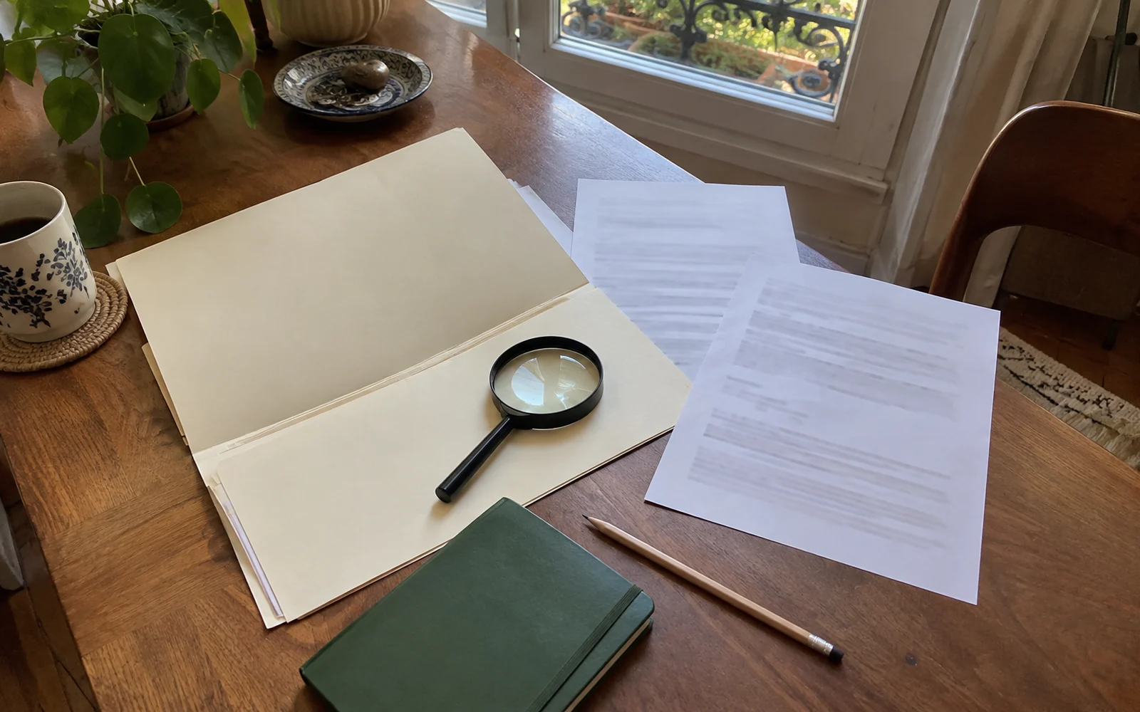 Dossier ouvert, papiers, loupe et carnet sur une table en bois éclairée par une fenêtre.