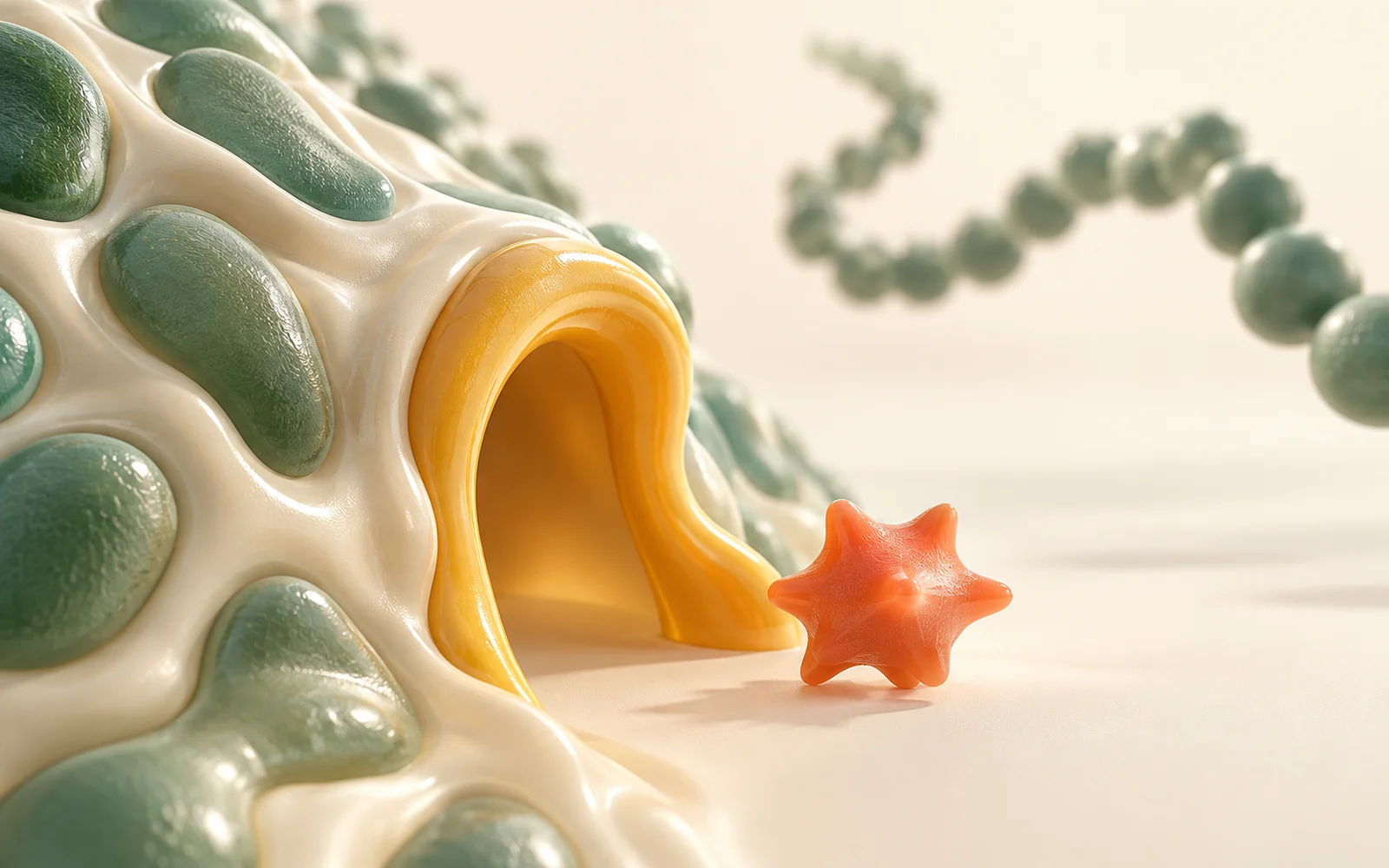 Composition conceptuelle de formes jade, d’une arche ambrée et d’un petit objet corail.