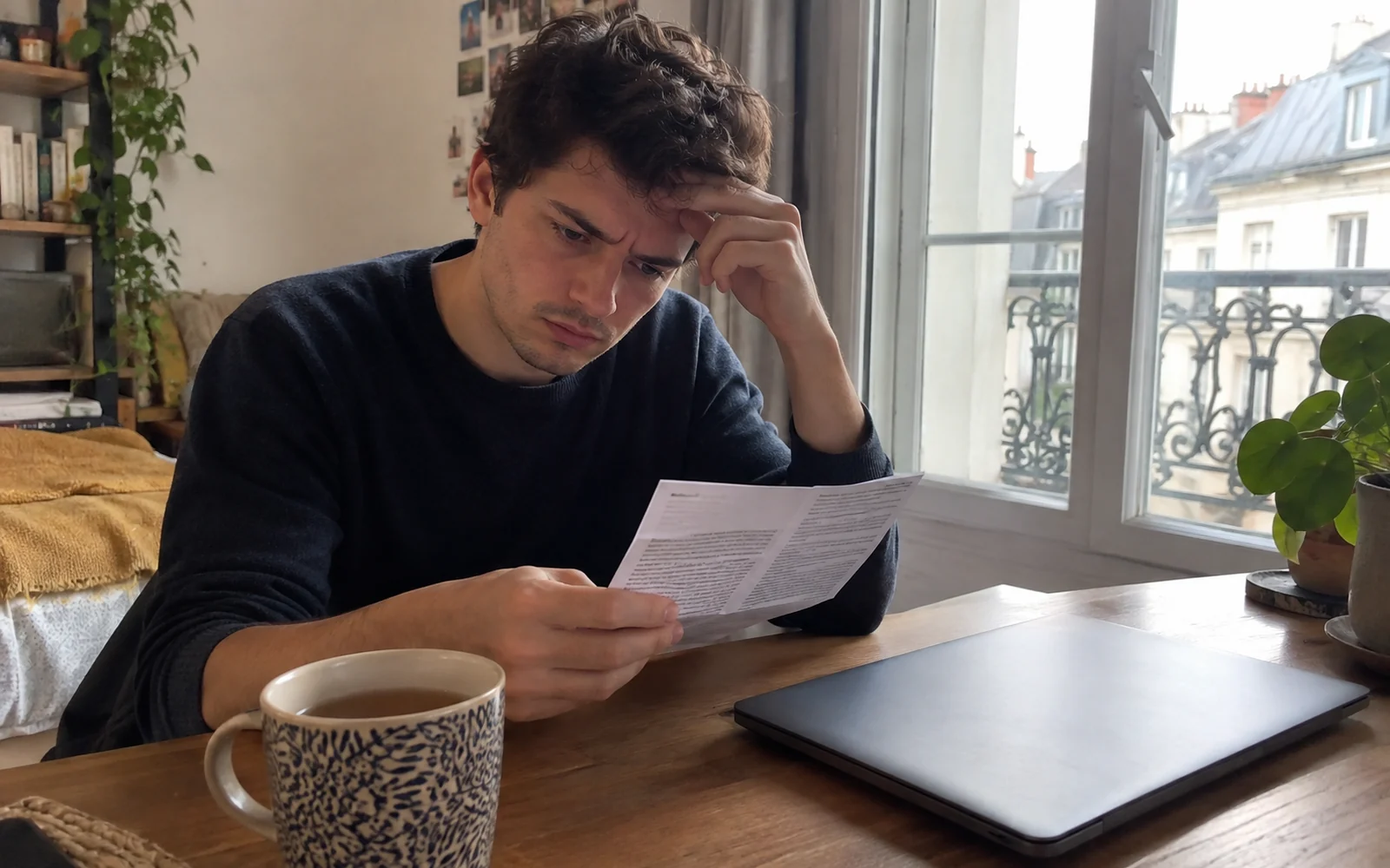 Jeune homme perplexe lisant une notice imprimée à son bureau, près d’une fenêtre.