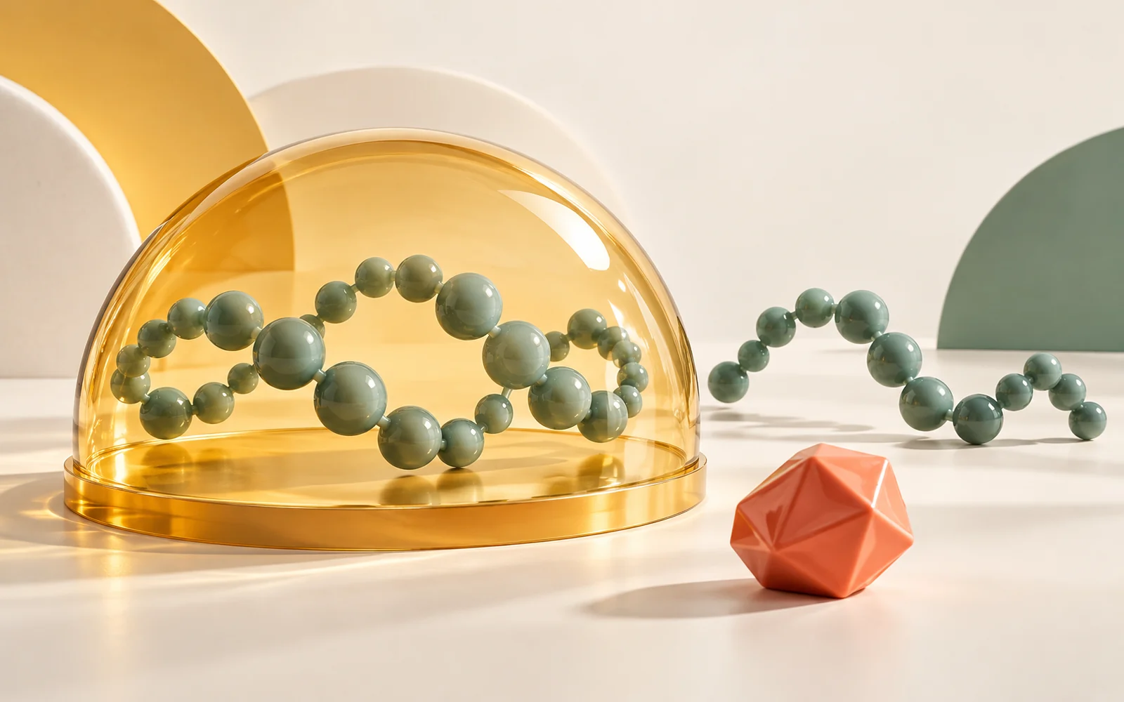 Chaînes de perles jade dont une sous un dôme ambre, et petit objet corail séparé sur un fond crème