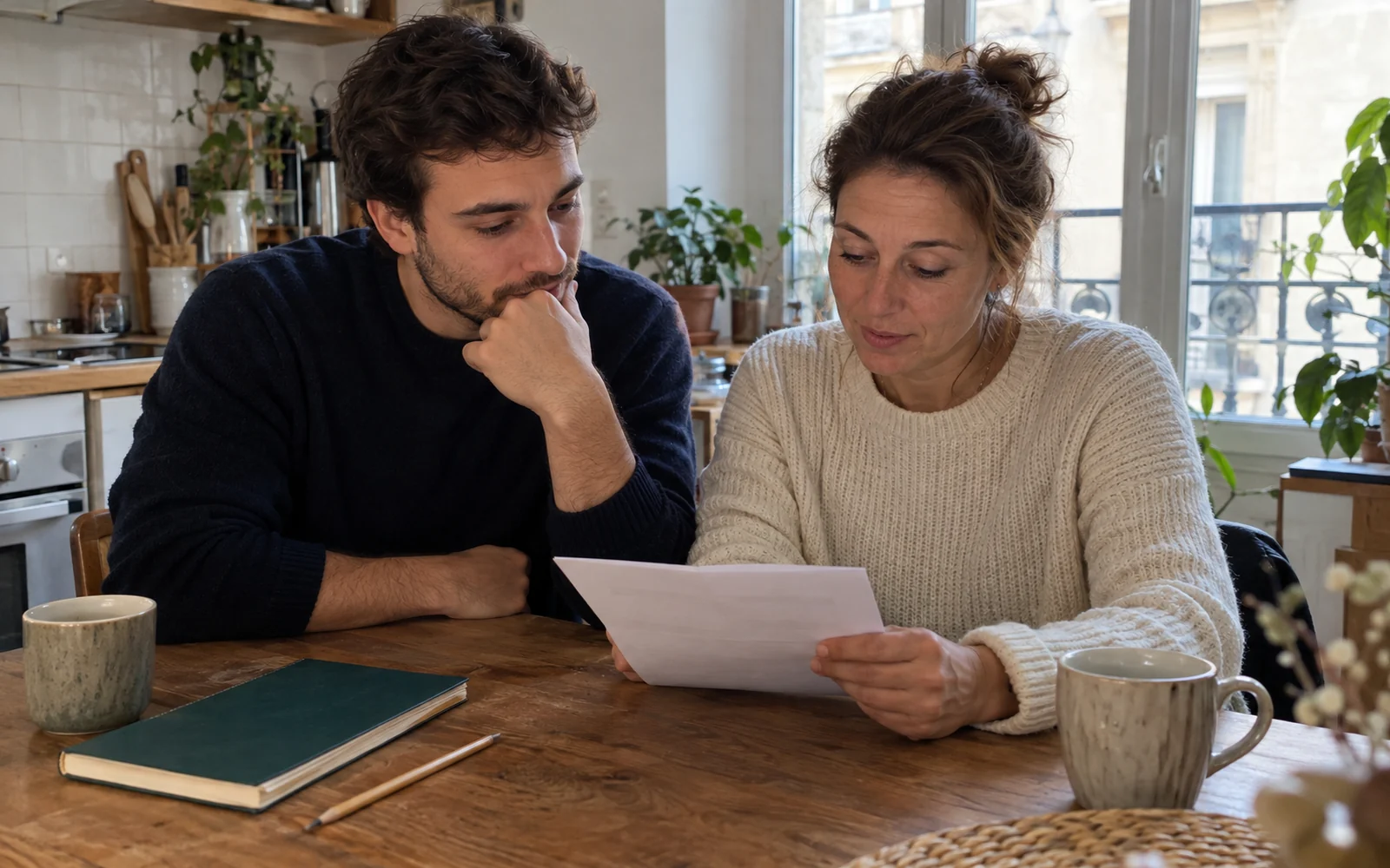 Deux adultes habillés en vêtements ordinaires lisent un document à une table de cuisine, avec un carnet fermé