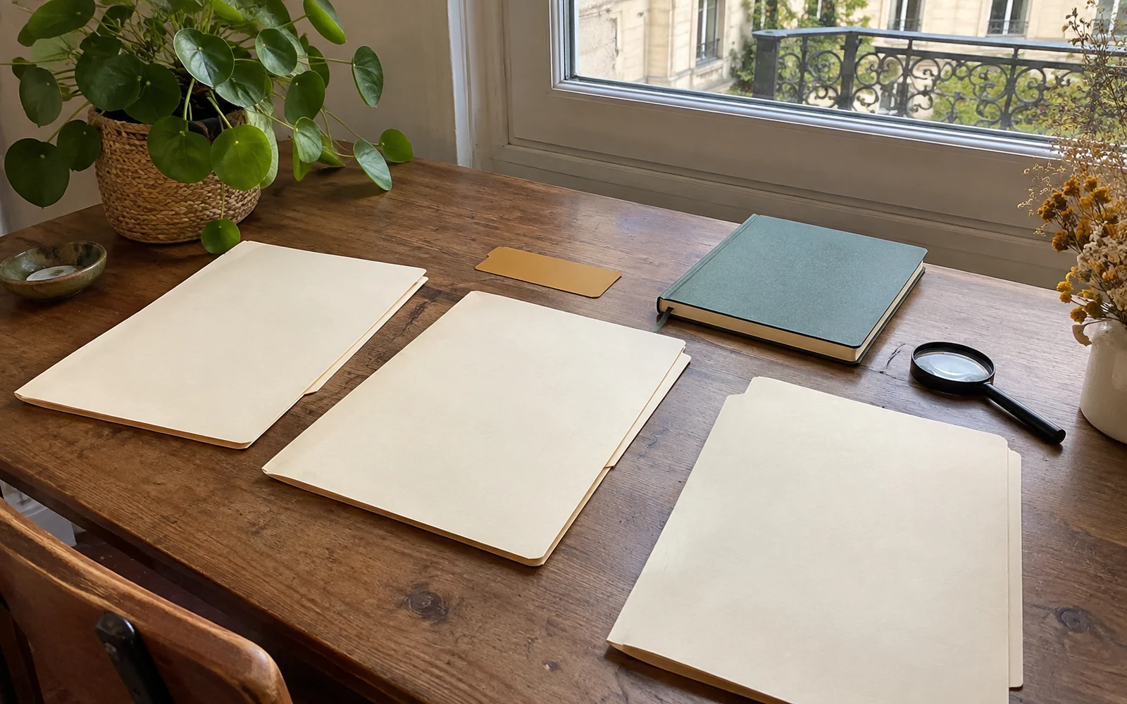 Dossiers crème séparés sur une table en bois, carnet jade et loupe noire, sans donnée lisible