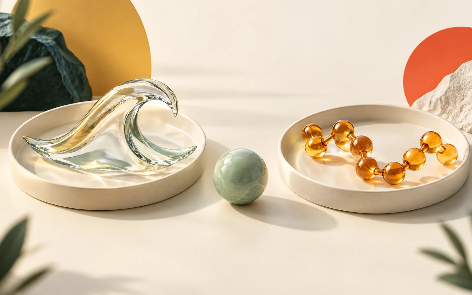 Deux plateaux portent une forme transparente et une chaîne de perles ambrées.