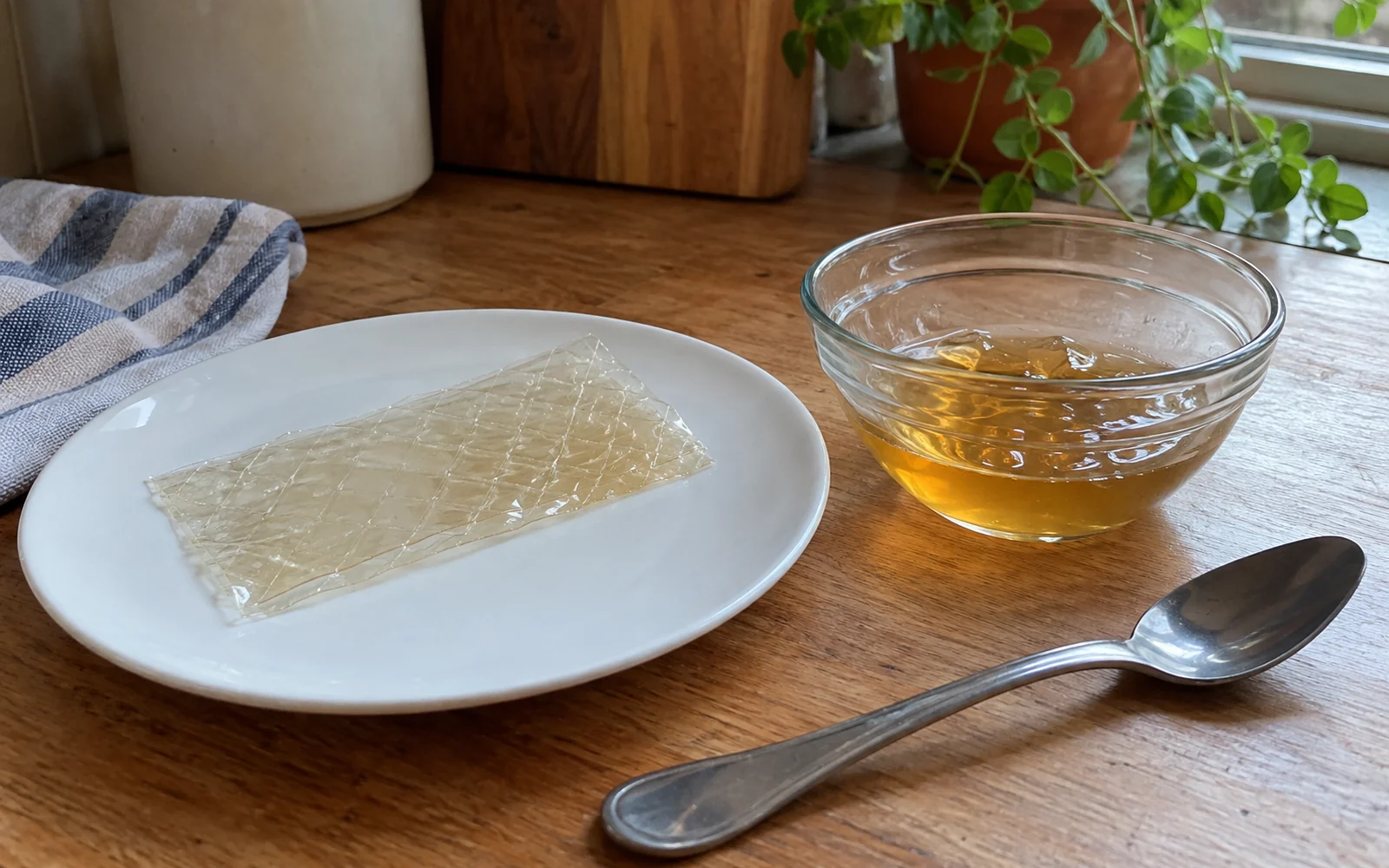 Une feuille de gélatine posée sur une assiette près d’un bol contenant un gel ambré.