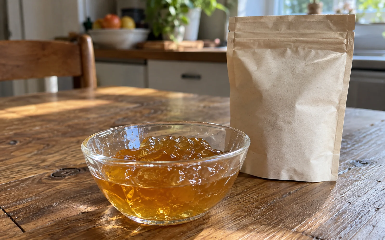 Un bol de gel ambré à côté d’un sachet alimentaire fermé sans inscription.