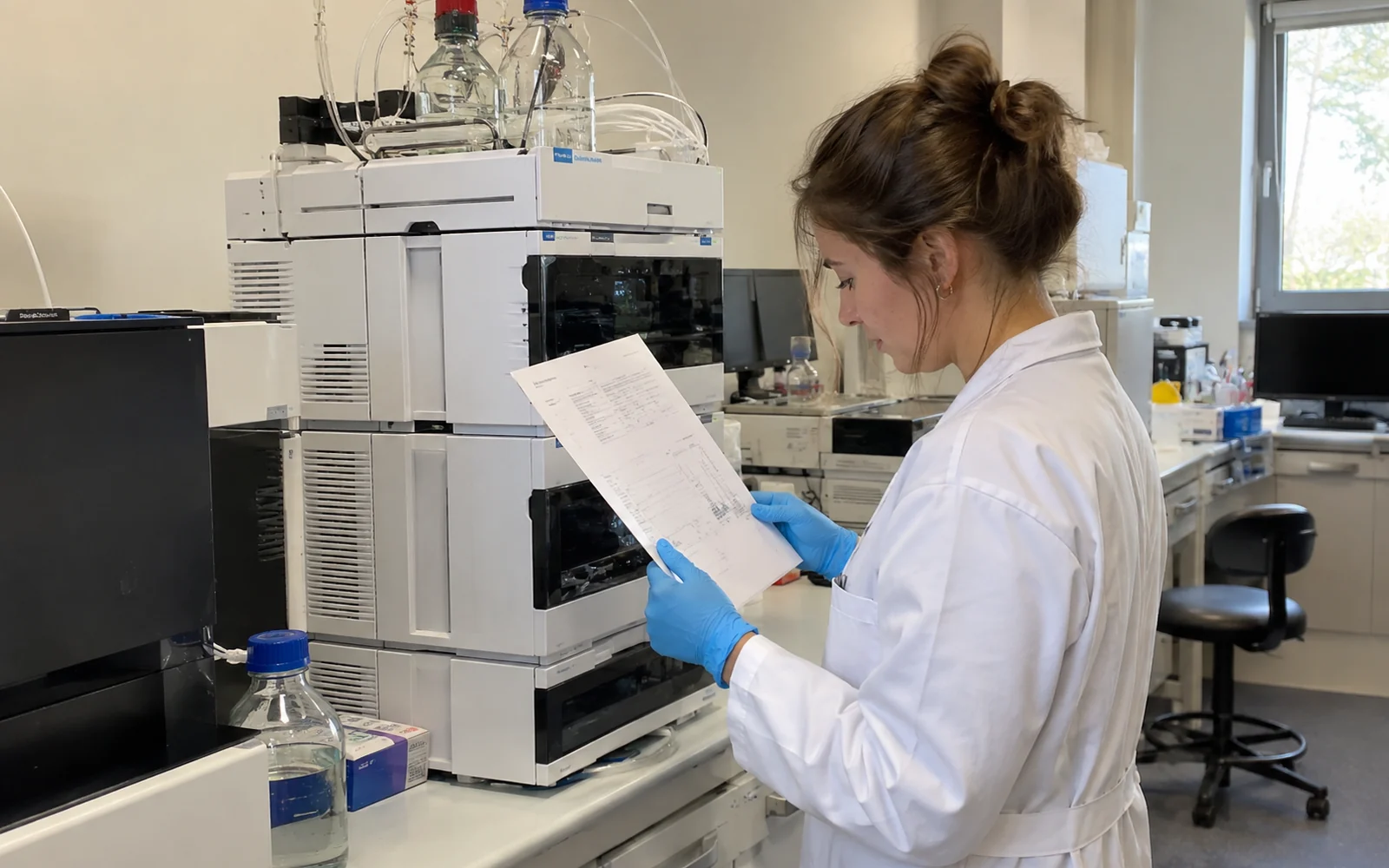Technicienne de laboratoire relisant un document à côté d’un appareil de chromatographie.