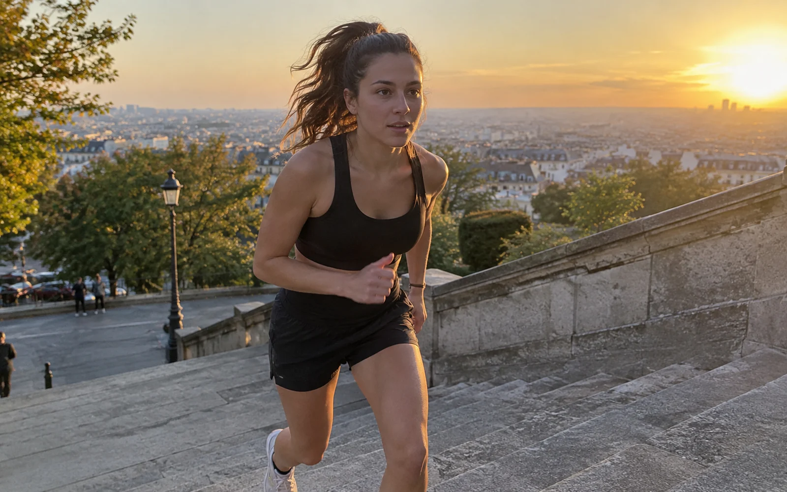 Jeune femme en tenue de sport montant des escaliers en courant au coucher du soleil.