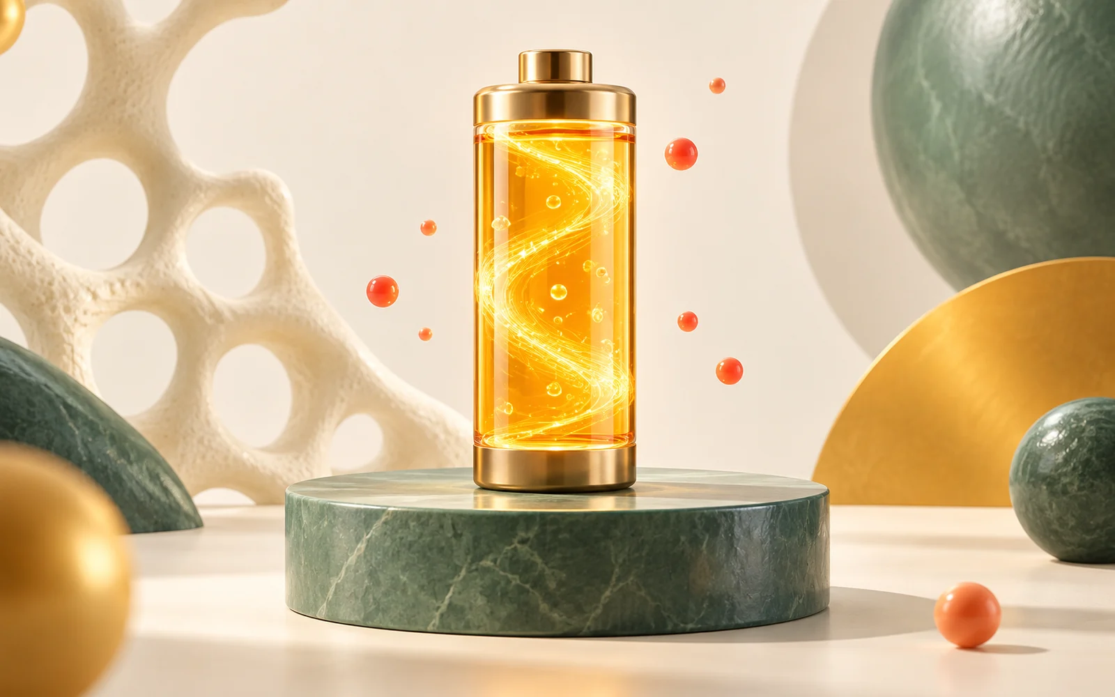 Capsule lumineuse en forme de pile remplie d’un liquide ambré, symbole du battage autour du NAD+.