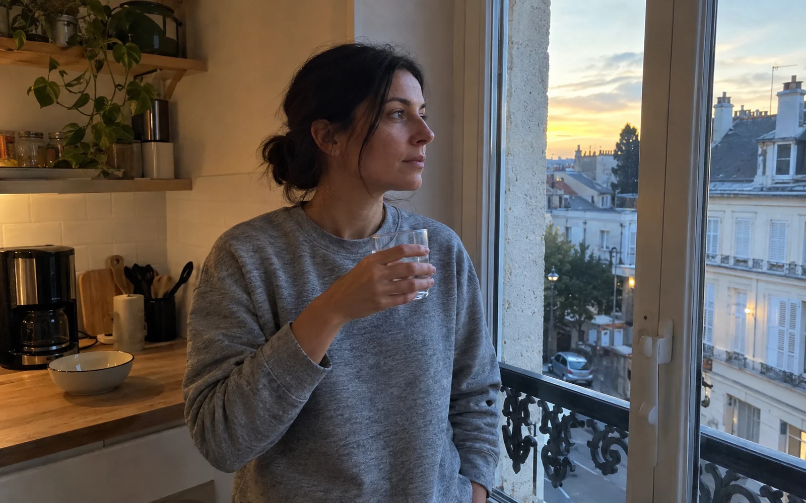 Jeune femme en sweat gris tenant un petit verre d’eau près d’une fenêtre au lever du jour, avant le petit-déjeuner