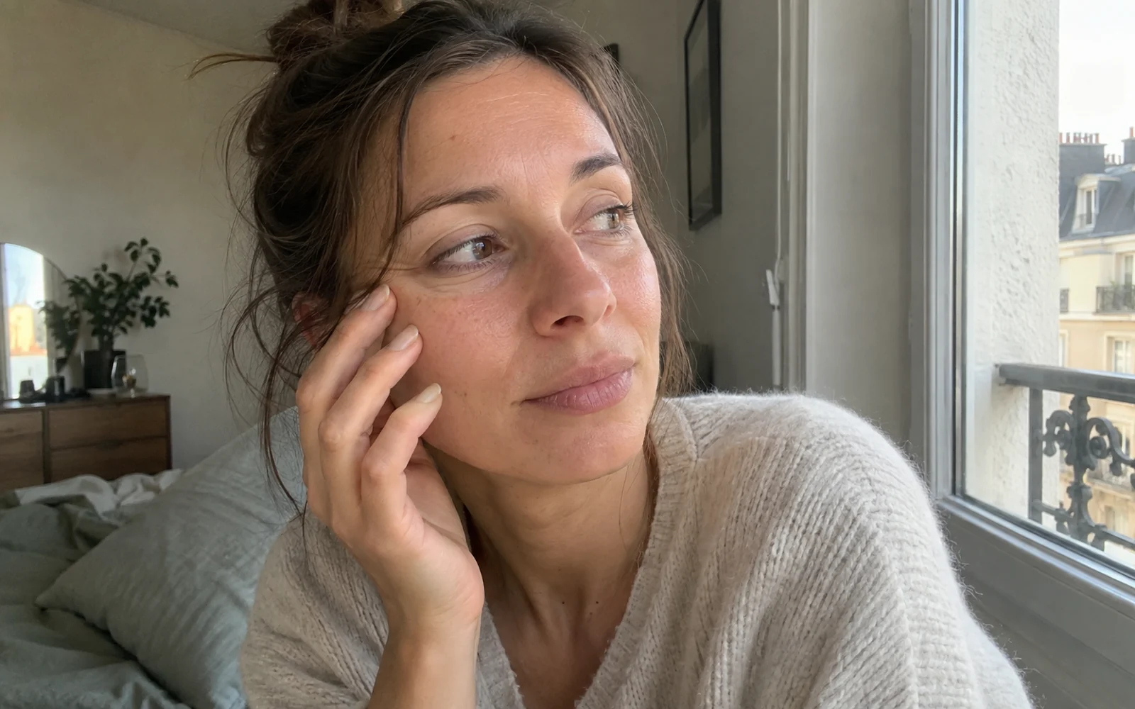 Portrait d’une femme d’une trentaine d’années effleurant sa pommette près d’une fenêtre.