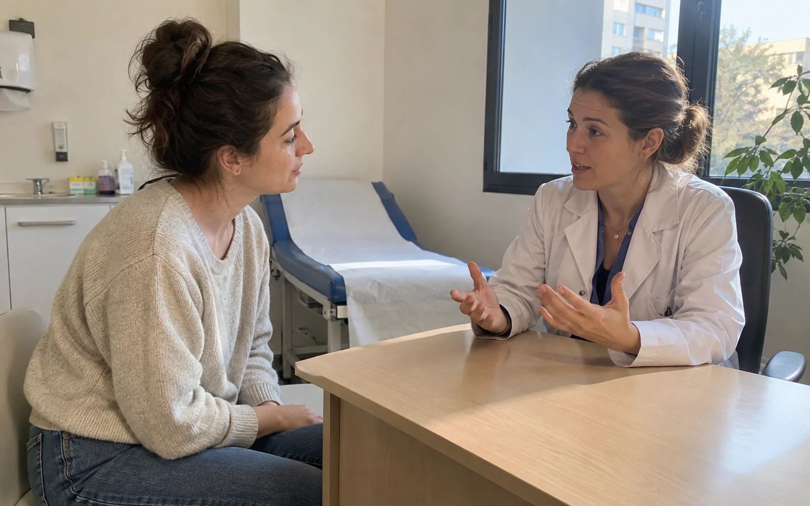 Patiente échangeant avec une médecin dans un cabinet de consultation lumineux.
