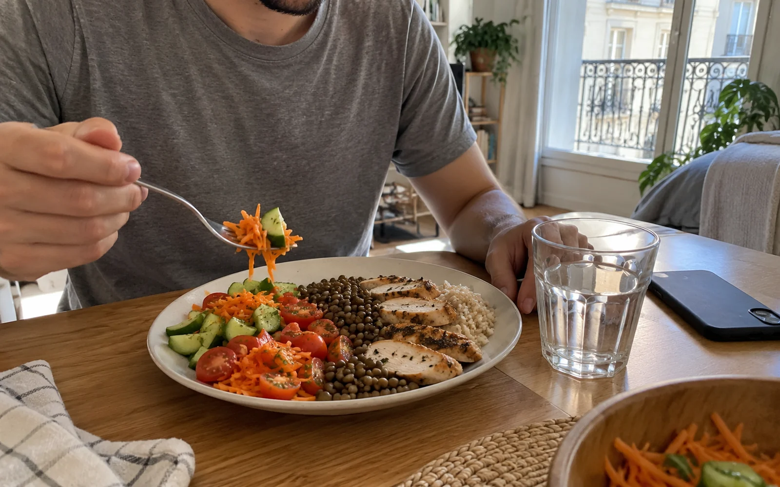 Jeune homme mangeant d’abord les crudités d’une assiette avec lentilles, poulet grillé et un peu de riz à part