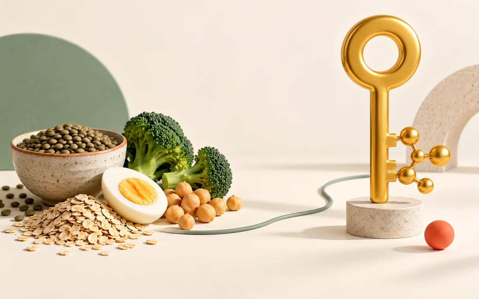 Bol de lentilles, flocons d’avoine, œuf dur, brocoli et pois chiches face à une grande clé dorée en forme de molécule, illustration 3D