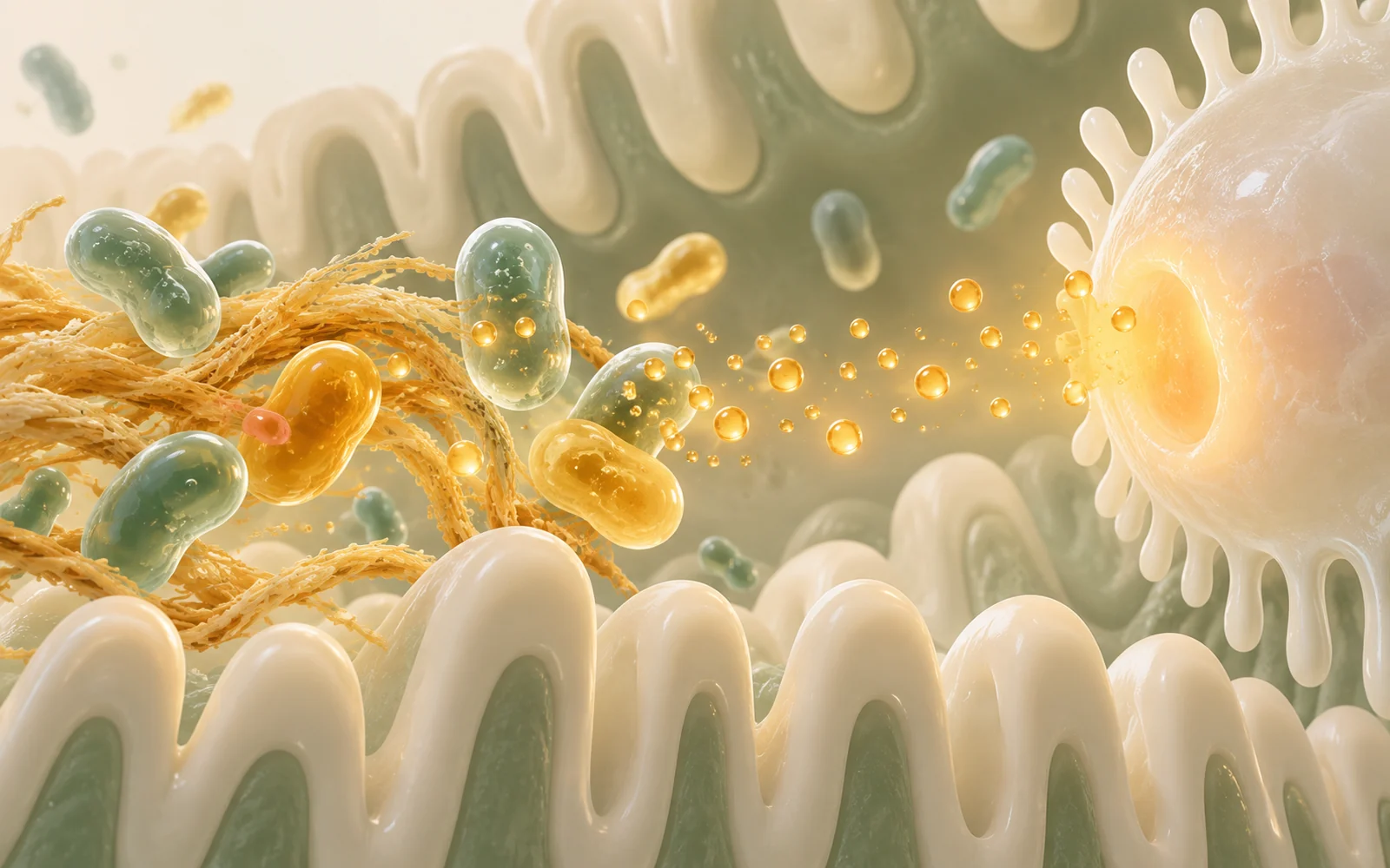 Bactéries intestinales stylisées autour de fibres dorées, libérant des gouttelettes vers une cellule lumineuse, illustration 3D