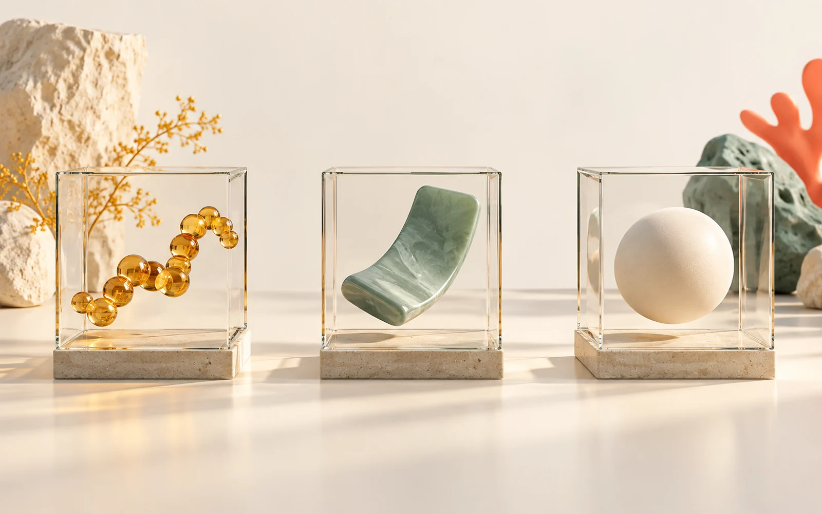 Trois cadres transparents contiennent des formes distinctes sur fond crème.