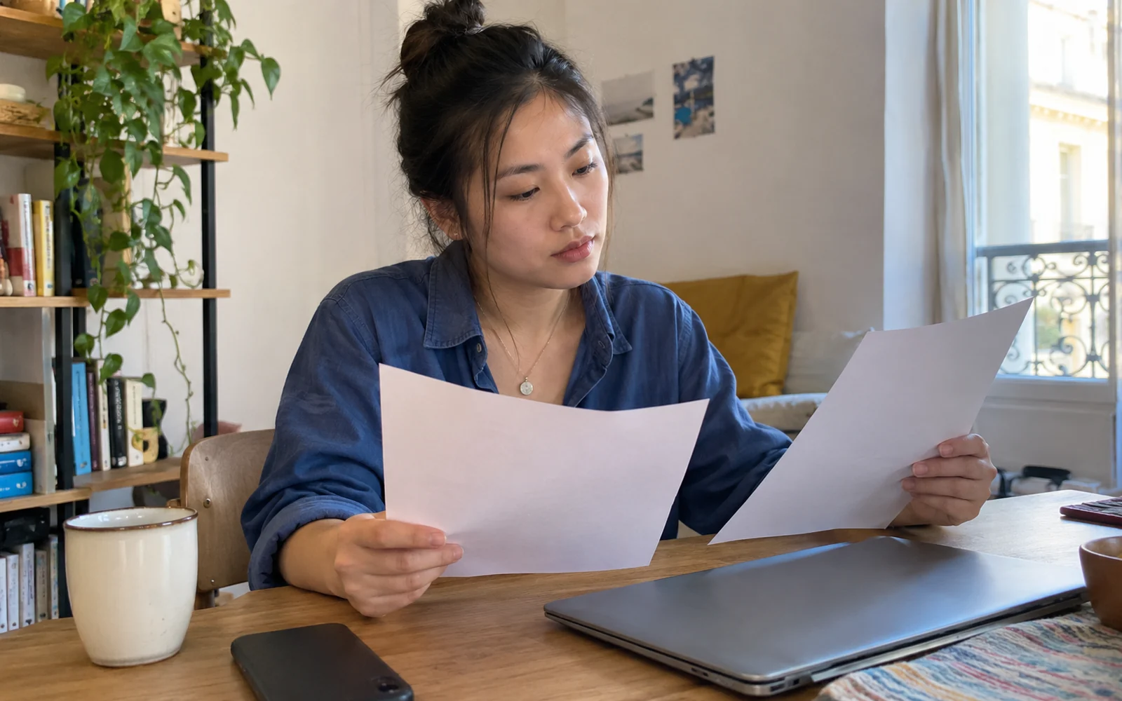 Une femme compare deux feuilles sans inscription à côté d’un ordinateur fermé.