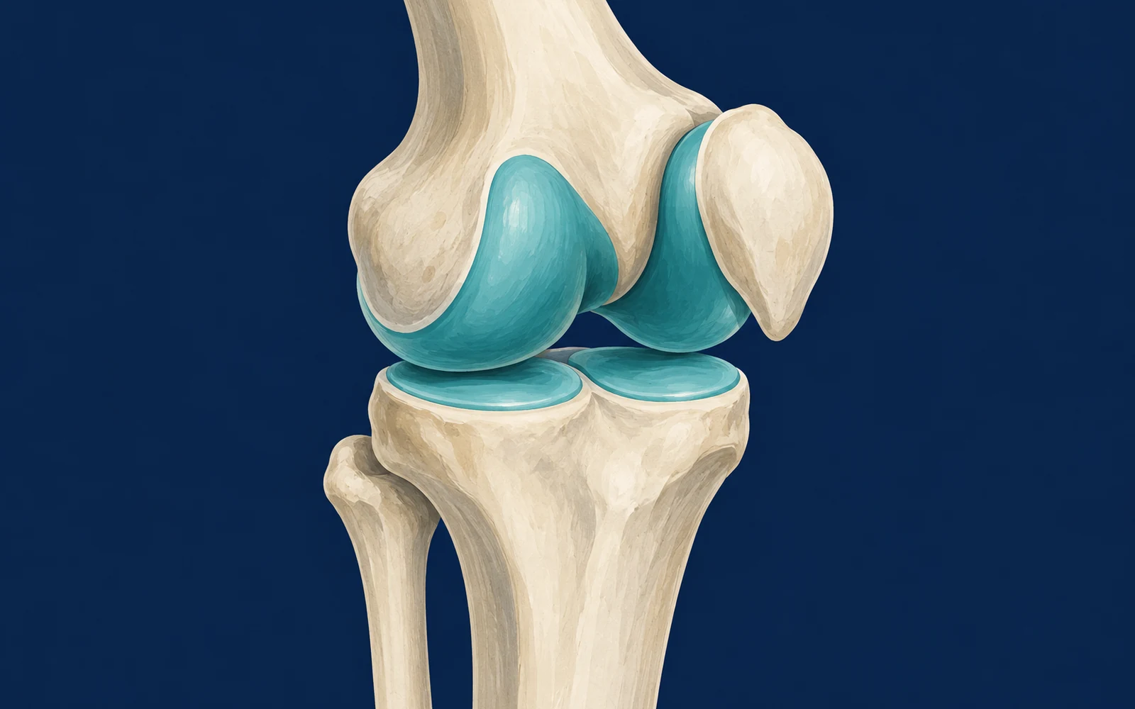 Vue d’artiste simplifiée de deux os et de surfaces cartilagineuses bleues autour du genou.