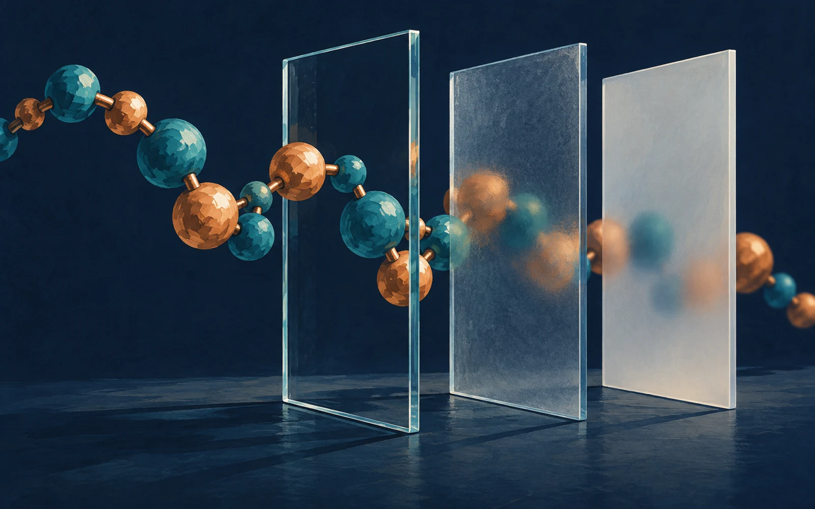 Illustration conceptuelle de chaînes de sphères et de panneaux translucides sur un fond bleu sombre.