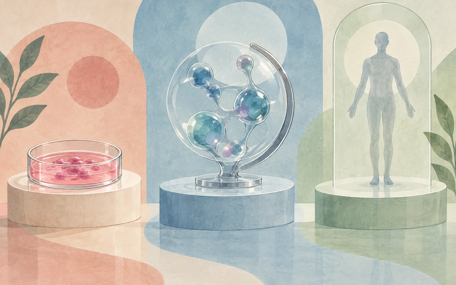 Cellules schématiques, assemblage de sphères et silhouette humaine sous des cloches de verre.