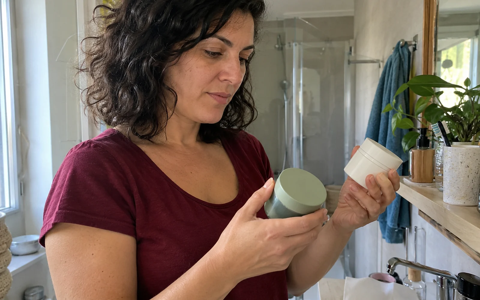 Une femme tient deux pots cosmétiques fermés, sans marque, devant une étagère de salle de bains.