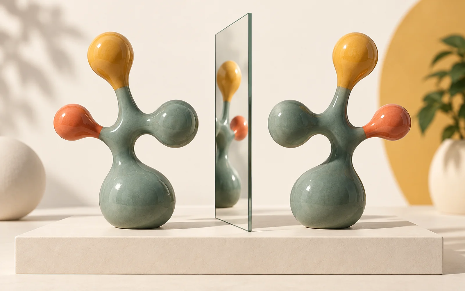 Deux sculptures asymétriques jade aux branches corail et ambre disposées en miroir de part et d’autre d’une glace.