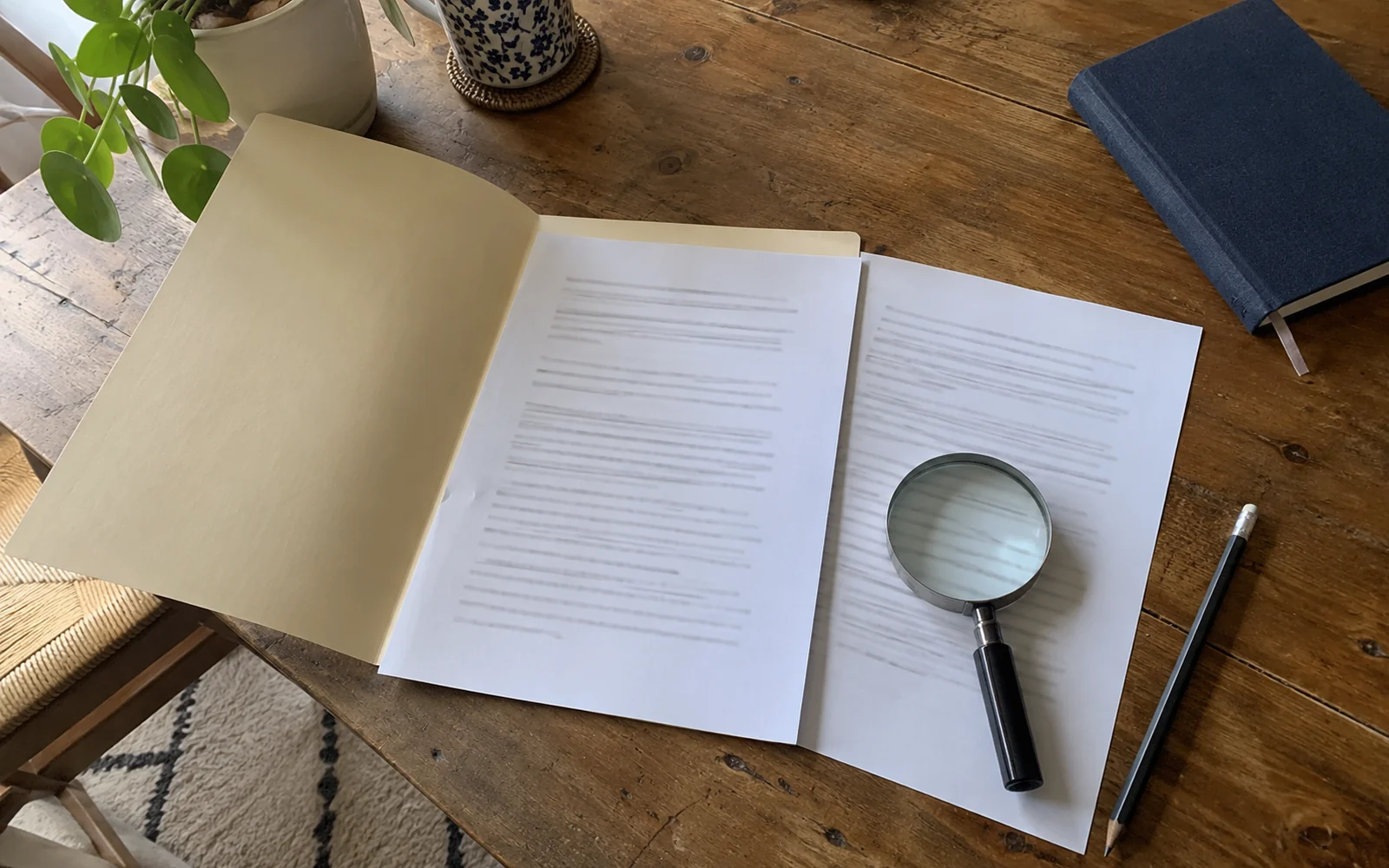 Dossier ouvert, deux feuilles, une loupe et un carnet sur une table en bois.