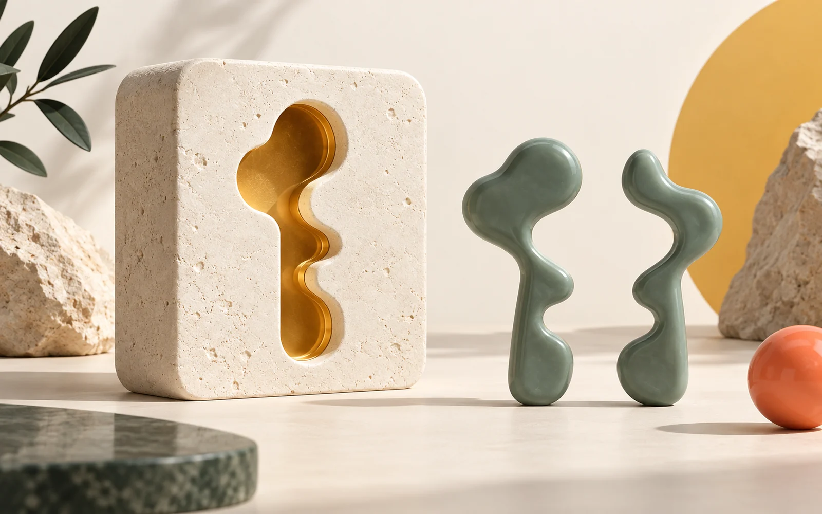 Deux sculptures jade courbes devant une ouverture ambrée dans un bloc clair.