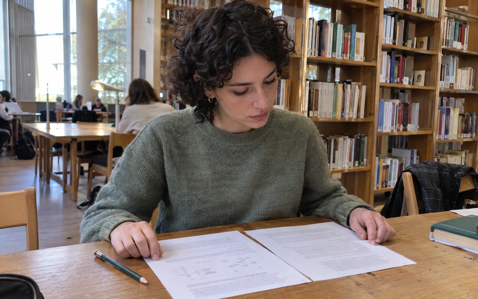 Jeune femme aux cheveux bouclés, vêtue d’un pull vert, lisant deux feuilles à une table de bibliothèque.
